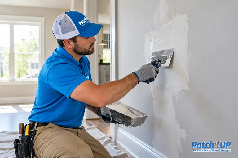 Technician patching a wall for a drywall repair business
