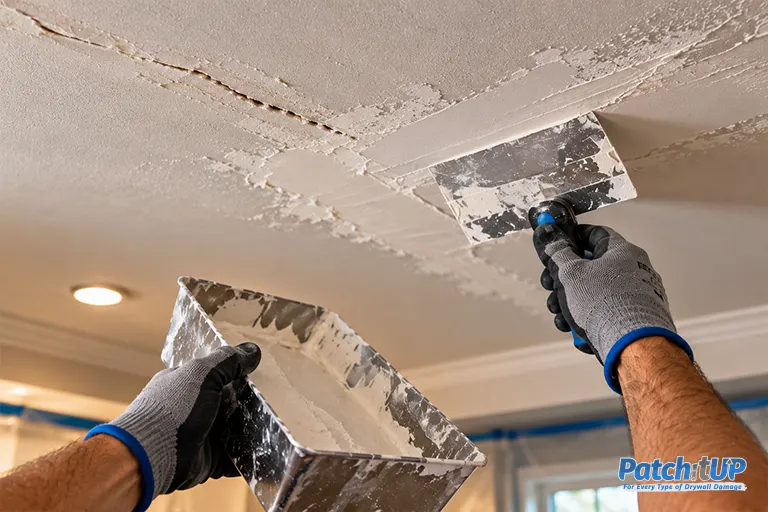 Hands repairing a ceiling crack, common first job for a new drywall repair business