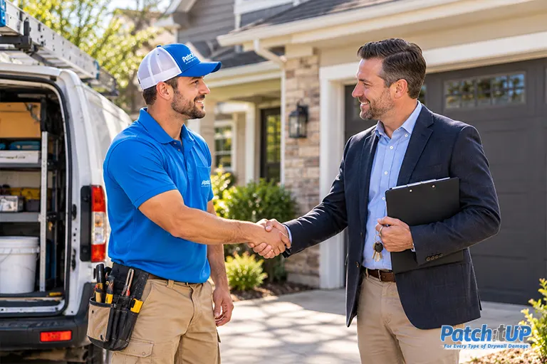 Drywall repair business owner meeting with a property manager for referral work
